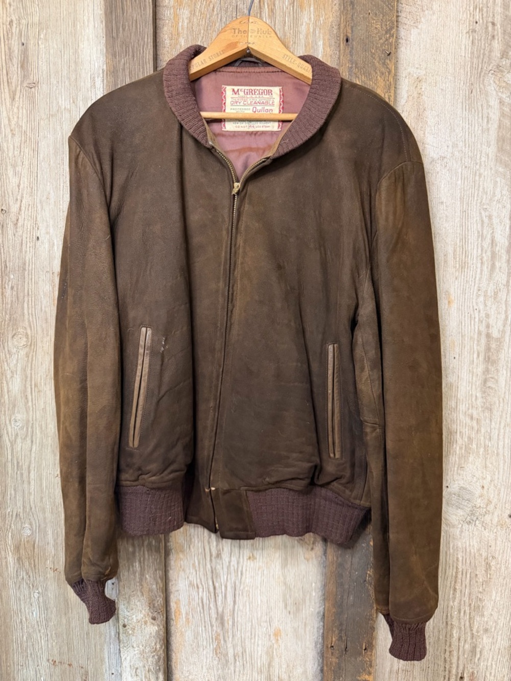 VTG 50s Union Made McGregor Quilon Suede Bomber Jacket Ribbed Knit Collar: Sz 44